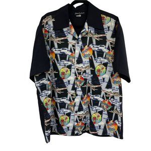 Johnny Suede Top XL Black Blue Casual Button Down Shirt Airplanes